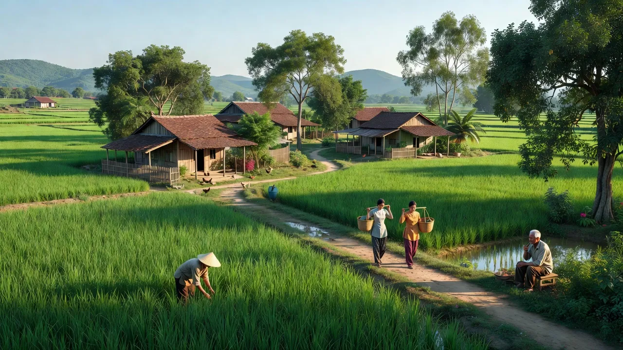 Cảnh đẹp xã Trường Sơn, huyện Đức Thọ, tỉnh Hà Tĩnh với cánh đồng xanh và đồi núi.