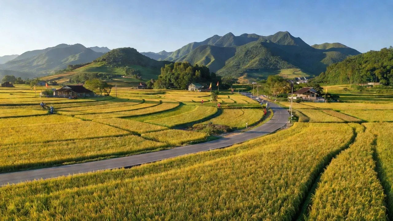 Khung cảnh yên bình xã Tùng Ảnh, huyện Đức Thọ, tỉnh Hà Tĩnh, với cánh đồng lúa và núi non.