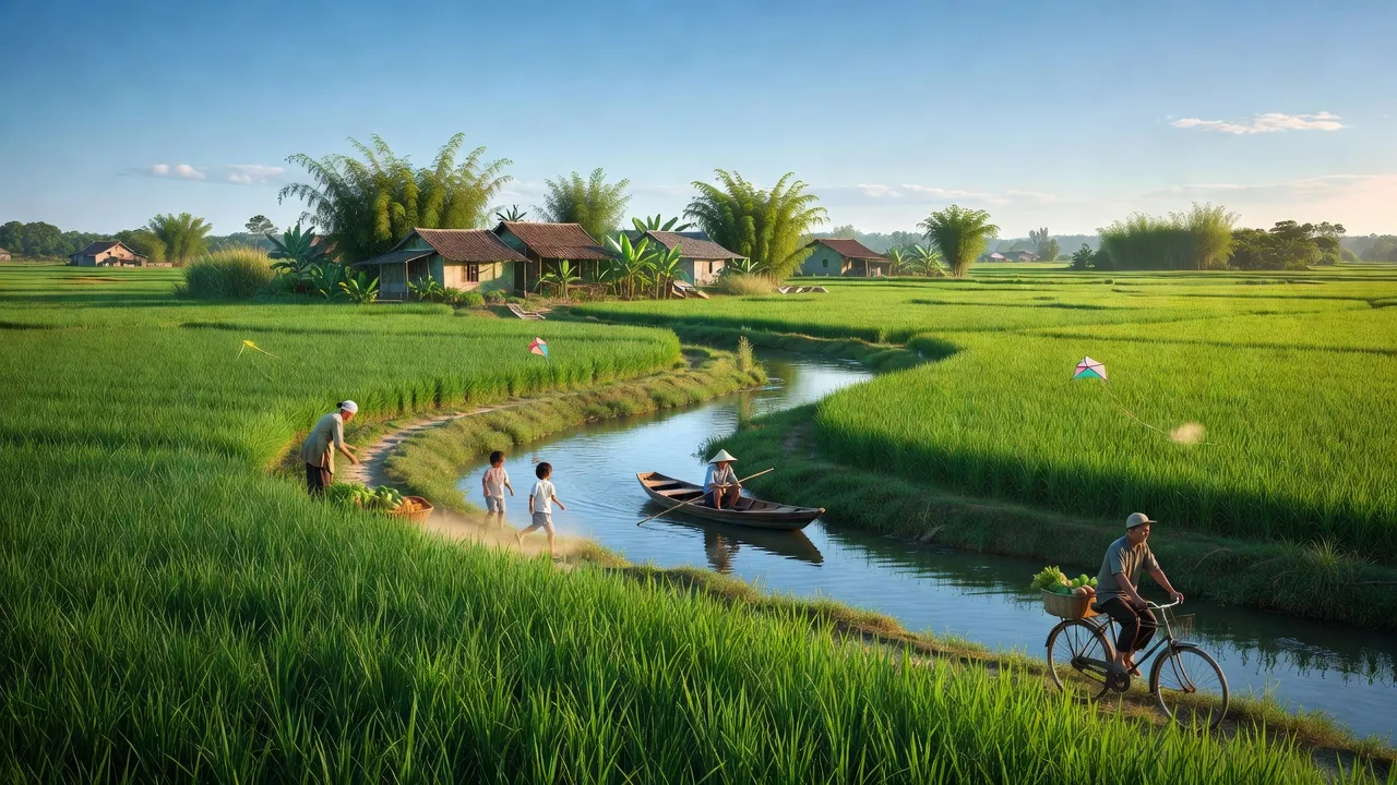 Cảnh quan xã Tùng Châu, huyện Đức Thọ, tỉnh Hà Tĩnh với cánh đồng xanh và sông nước.