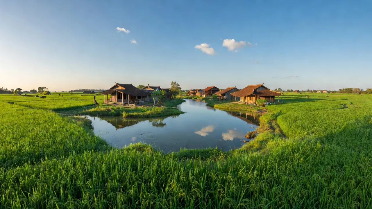 Cảnh quan xã Tùng Châu, huyện Đức Thọ, tỉnh Hà Tĩnh với ruộng xanh và nhà truyền thống.