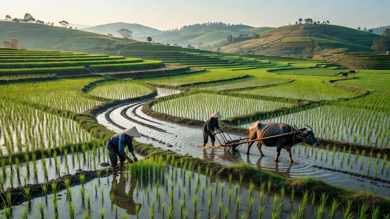 Cảnh đồng ruộng yên bình tại xã Yên Hồ, huyện Đức Thọ, tỉnh Hà Tĩnh với hoạt động nông nghiệp.