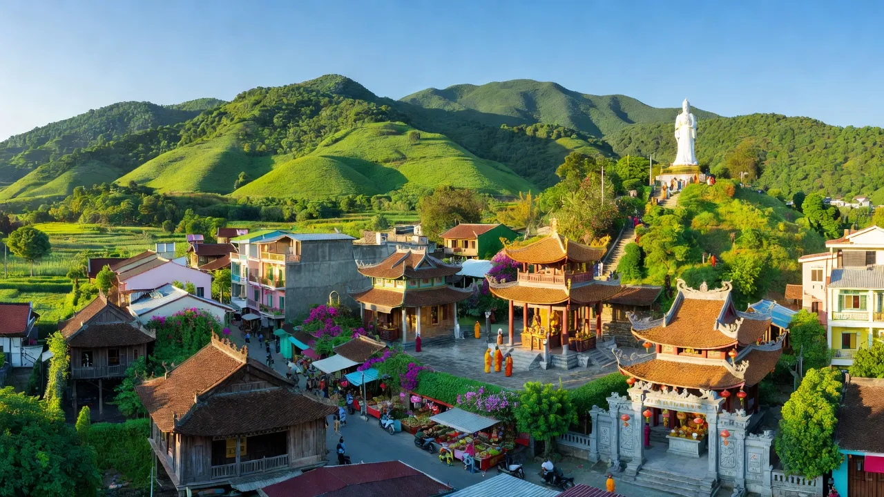 Khung cảnh thị xã Hồng Lĩnh, Hà Tĩnh, xanh tươi, kiến trúc địa phương và du lịch văn hóa.
