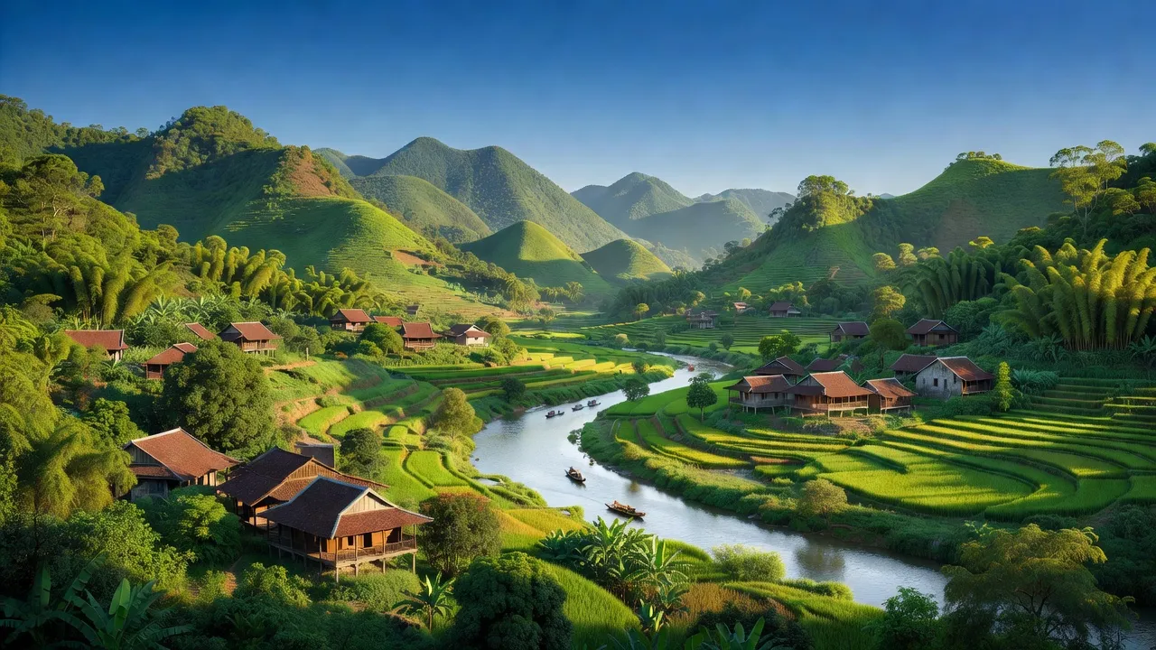 Cảnh đẹp huyện Hương Khê, Hà Tĩnh với núi xanh, sông uốn khúc và nhà truyền thống.
