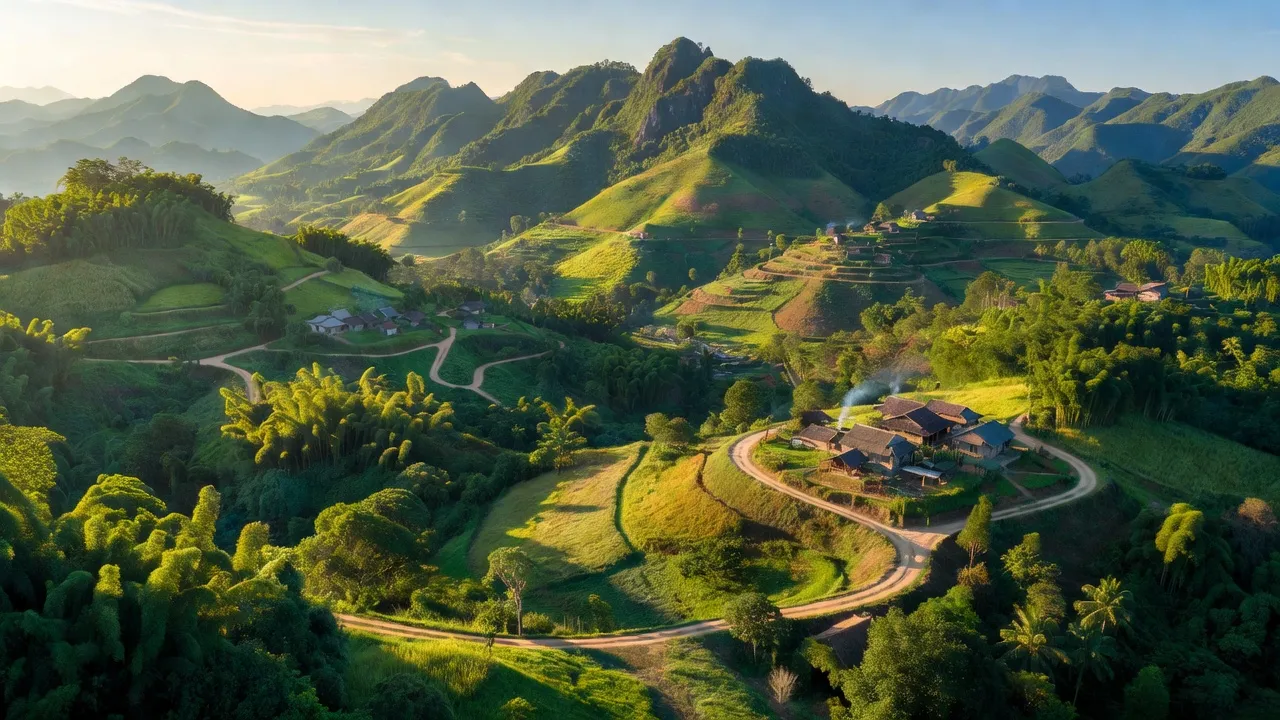 Khung cảnh hùng vĩ huyện Hương Khê, Hà Tĩnh với đồi núi và làng quê yên bình.