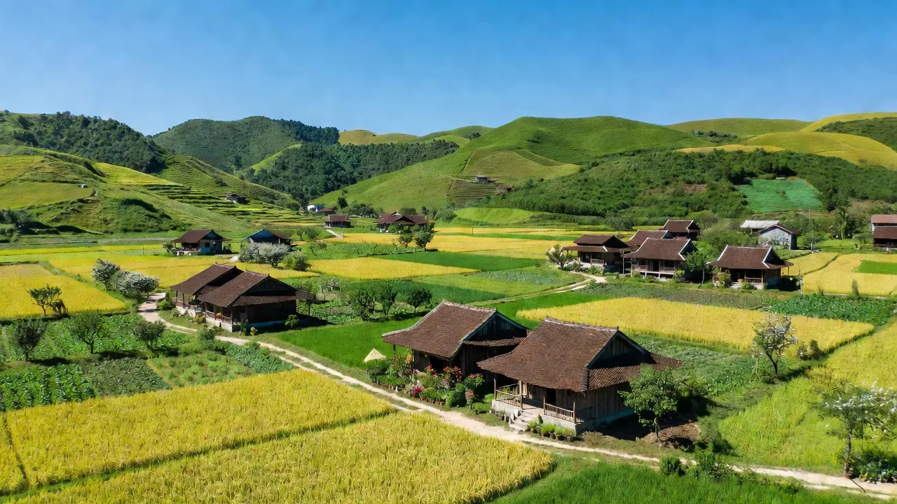 Phong cảnh xã Hà Linh, huyện Hương Khê, tỉnh Hà Tĩnh với đồi núi xanh và đồng bằng nhỏ.