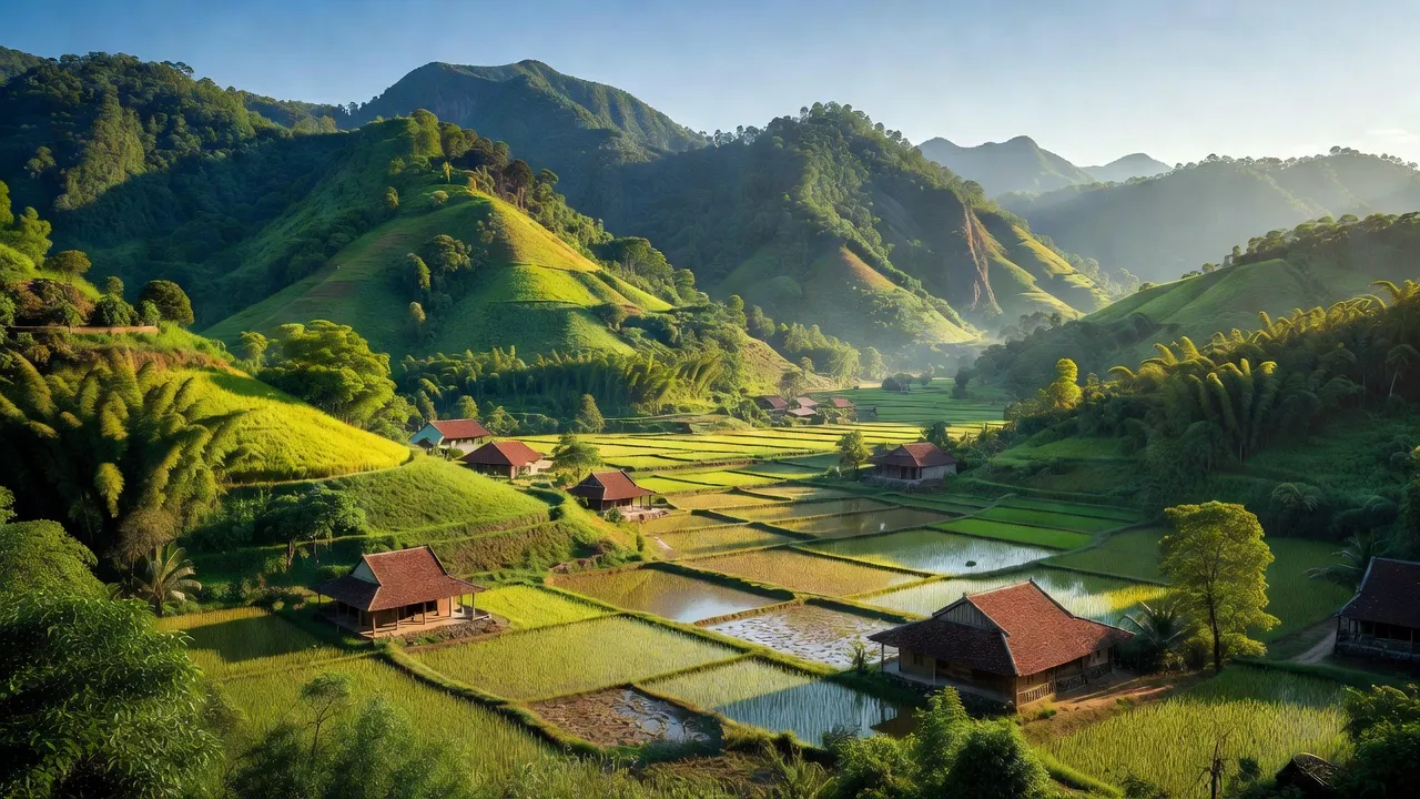 Cảnh sắc thiên nhiên xã Hương Bình, huyện Hương Khê, tỉnh Hà Tĩnh với đồi núi và đồng ruộng xanh.