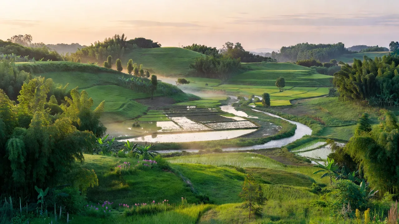 Phong cảnh xã Hương Giang, huyện Hương Khê, tỉnh Hà Tĩnh với đồi núi và đồng bằng xanh tươi.