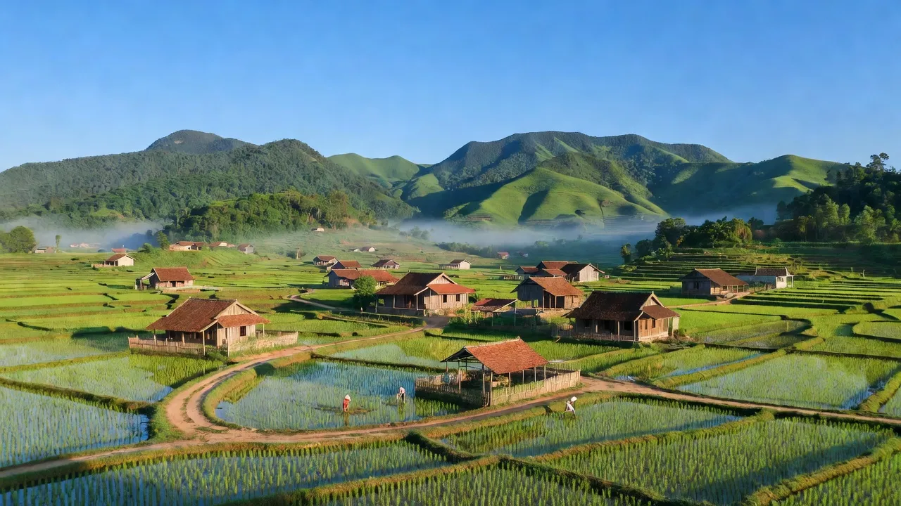Cảnh đẹp xã Hương Lâm, huyện Hương Khê, Hà Tĩnh, với núi xanh và đồng ruộng.