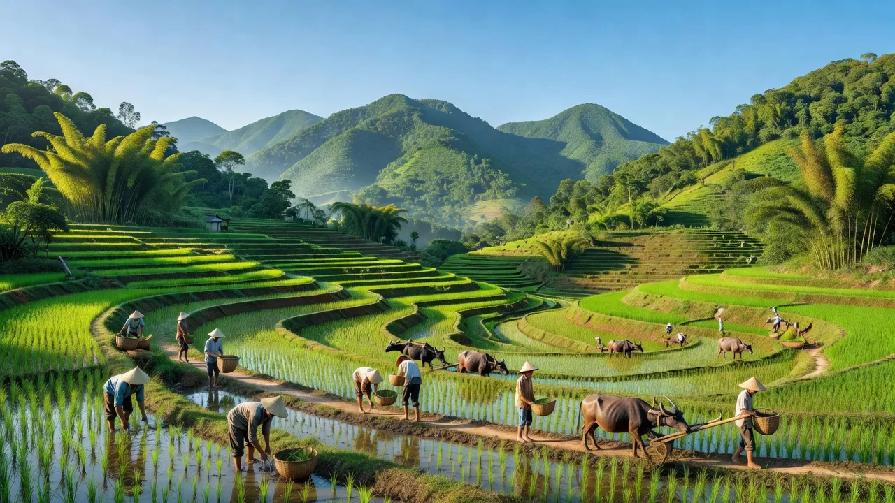 Khung cảnh bình yên xã Hương Lâm, huyện Hương Khê, tỉnh Hà Tĩnh với những cánh đồng xanh và núi non.