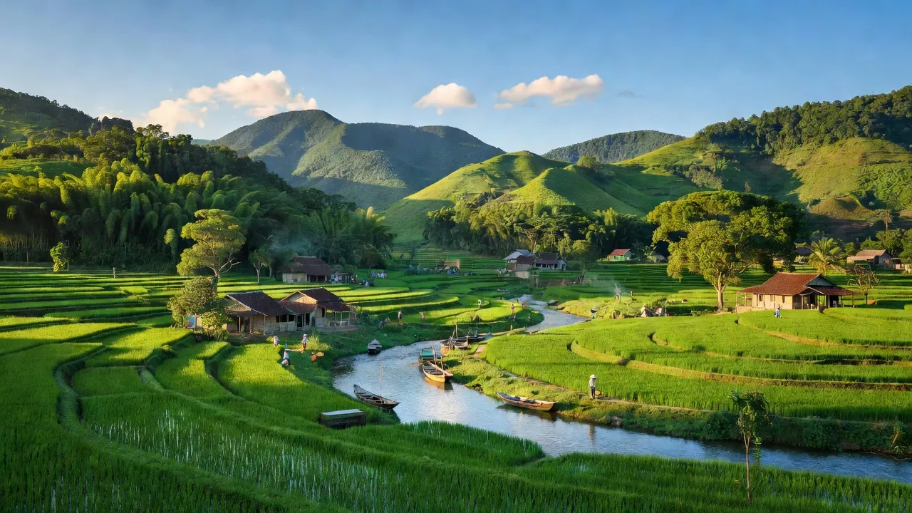 Cảnh đẹp Xã Hương Long, Huyện Hương Khê, tỉnh Hà Tĩnh với núi rừng và ruộng lúa xanh.
