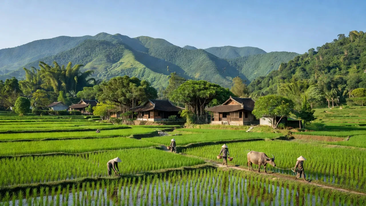 Cảnh đẹp xã Hương Long, huyện Hương Khê, tỉnh Hà Tĩnh với núi xanh và nhà truyền thống.