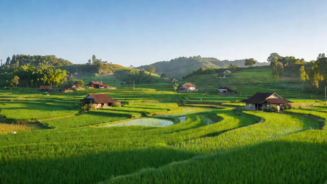 Khung cảnh yên bình tại xã Hương Thủy, huyện Hương Khê, tỉnh Hà Tĩnh với đồng ruộng xanh tươi.