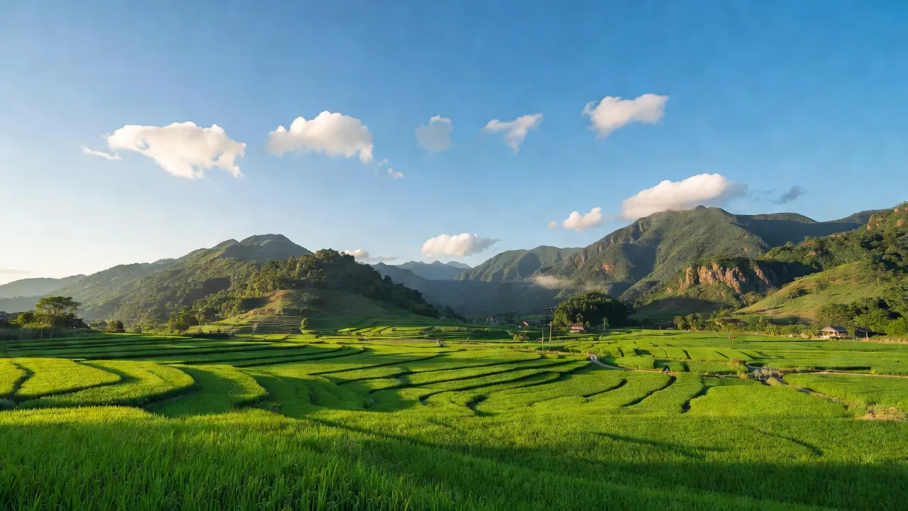 Cảnh quan xã Hương Trà, huyện Hương Khê, tỉnh Hà Tĩnh với cánh đồng và núi non xanh tươi.