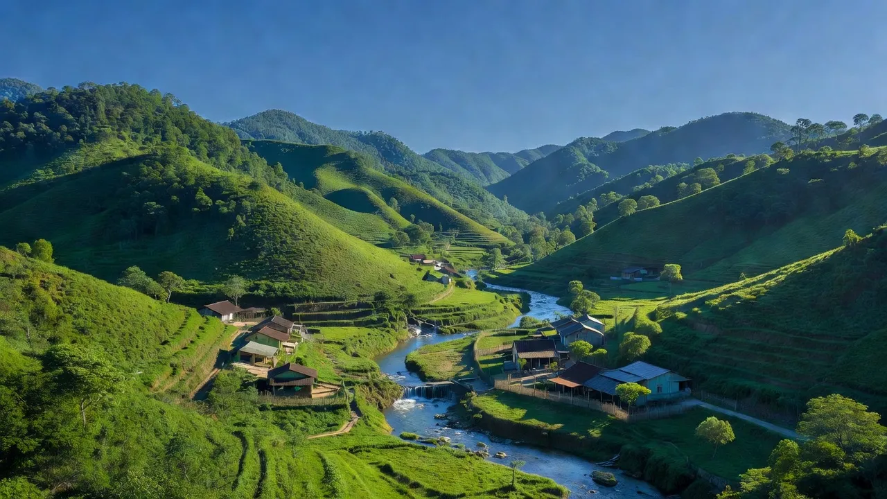 Khung cảnh thiên nhiên ở xã Hương Trạch, huyện Hương Khê, Hà Tĩnh với đồi núi xanh và suối chảy.
