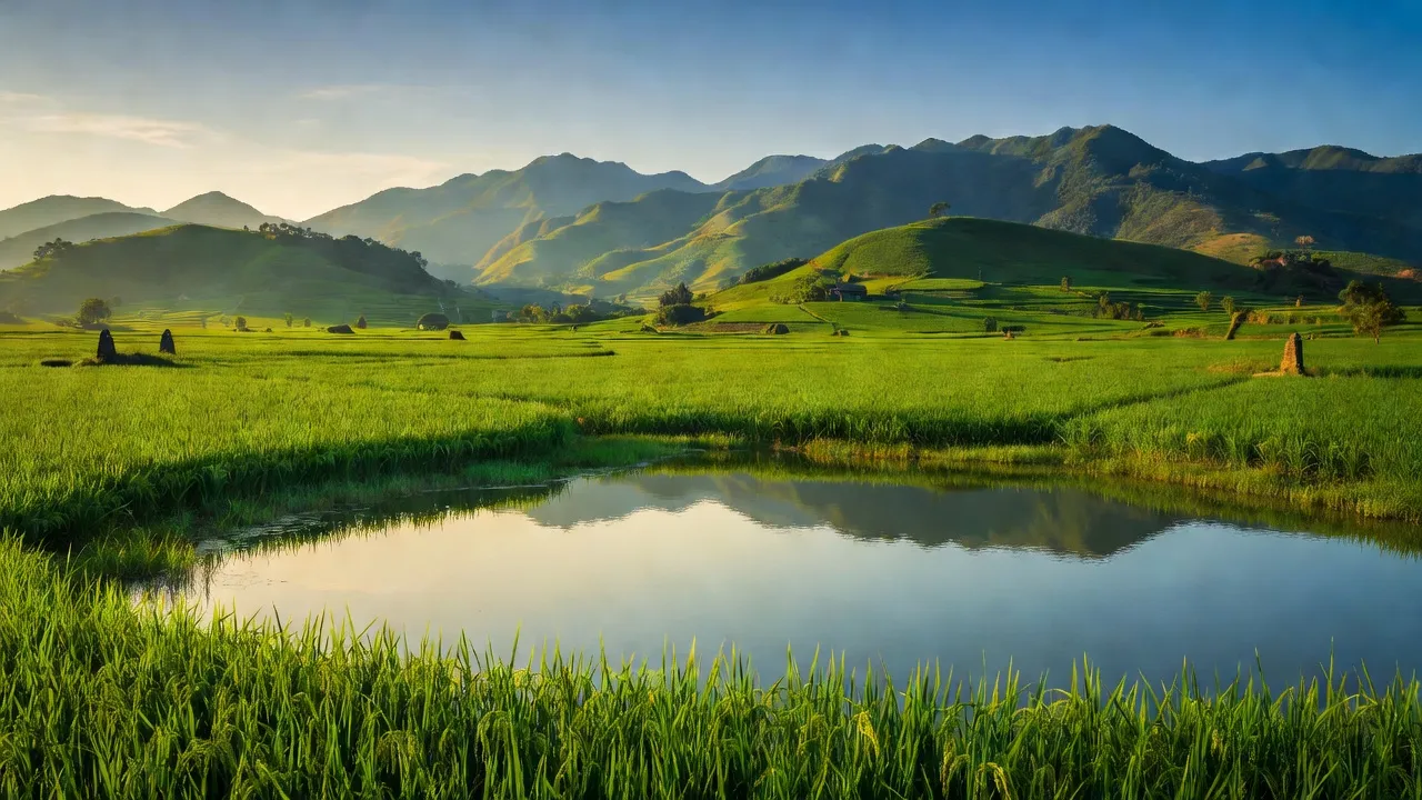 Cảnh đẹp tại Xã Hương Vĩnh, huyện Hương Khê, Hà Tĩnh, thể hiện cánh đồng, núi đồi và hồ nước.
