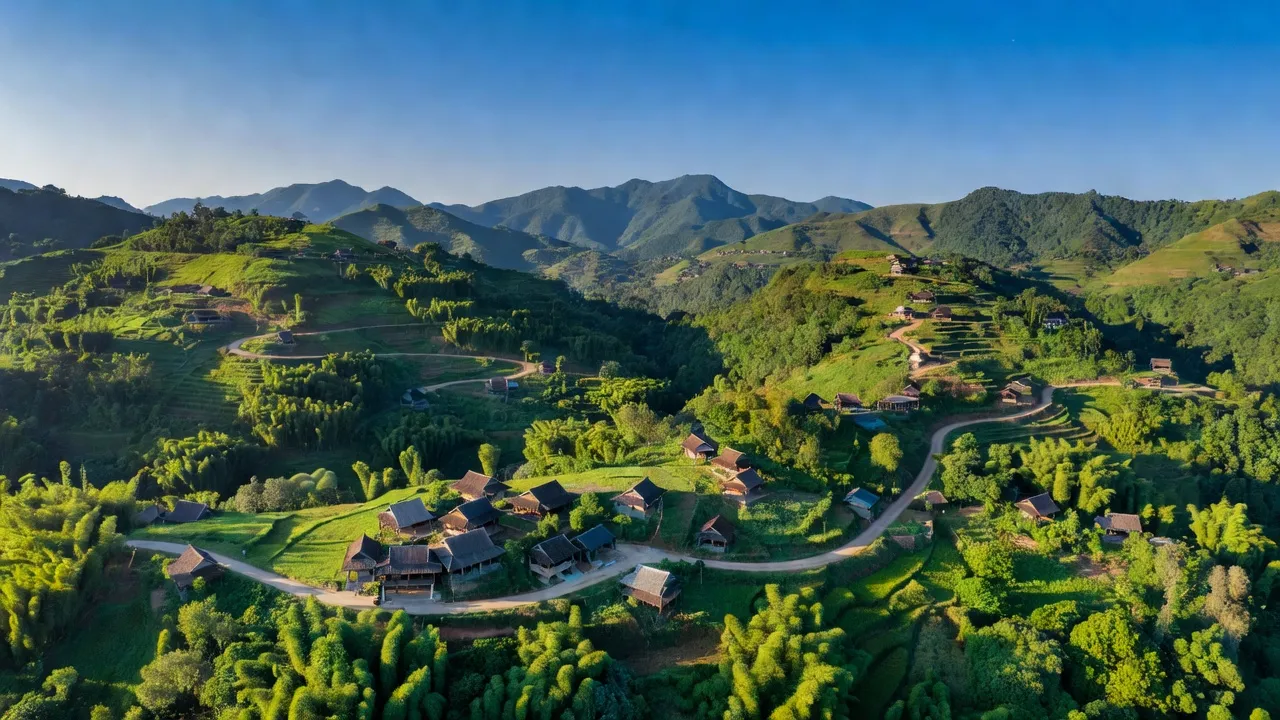 Cảnh quan xã Phú Gia, Huyện Hương Khê, Tỉnh Hà Tĩnh với đồi núi xanh tươi và nhà truyền thống.