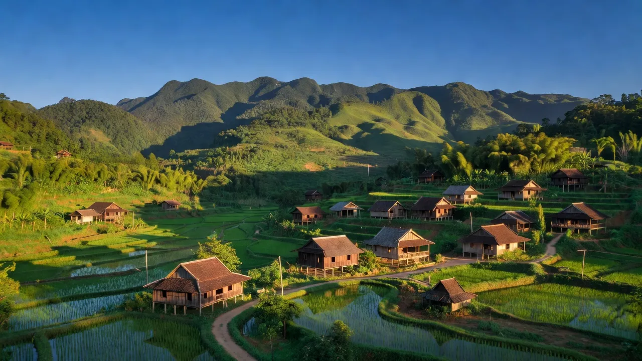 Khung cảnh Xã Phú Gia ở Huyện Hương Khê, Hà Tĩnh với núi non và cây xanh.