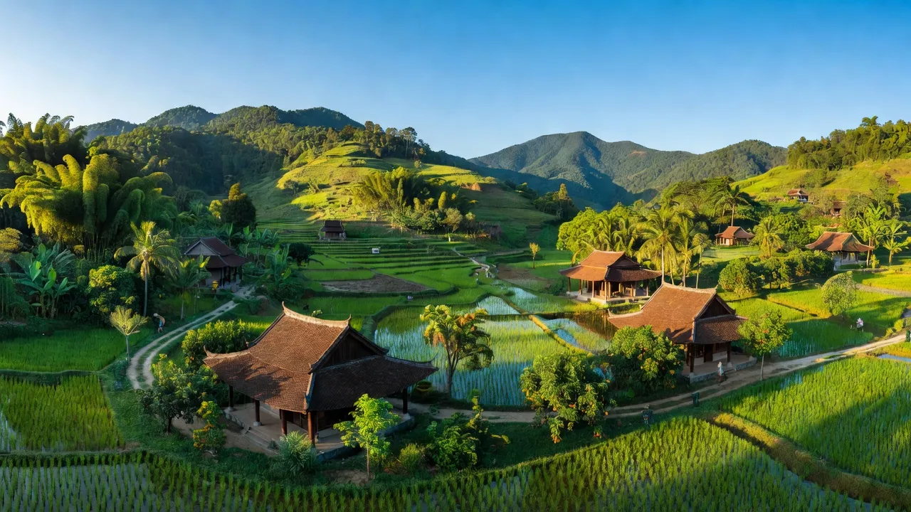 Cảnh quan Xã Phúc Đồng, Huyện Hương Khê, tỉnh Hà Tĩnh với núi non xanh tươi và nhà truyền thống.