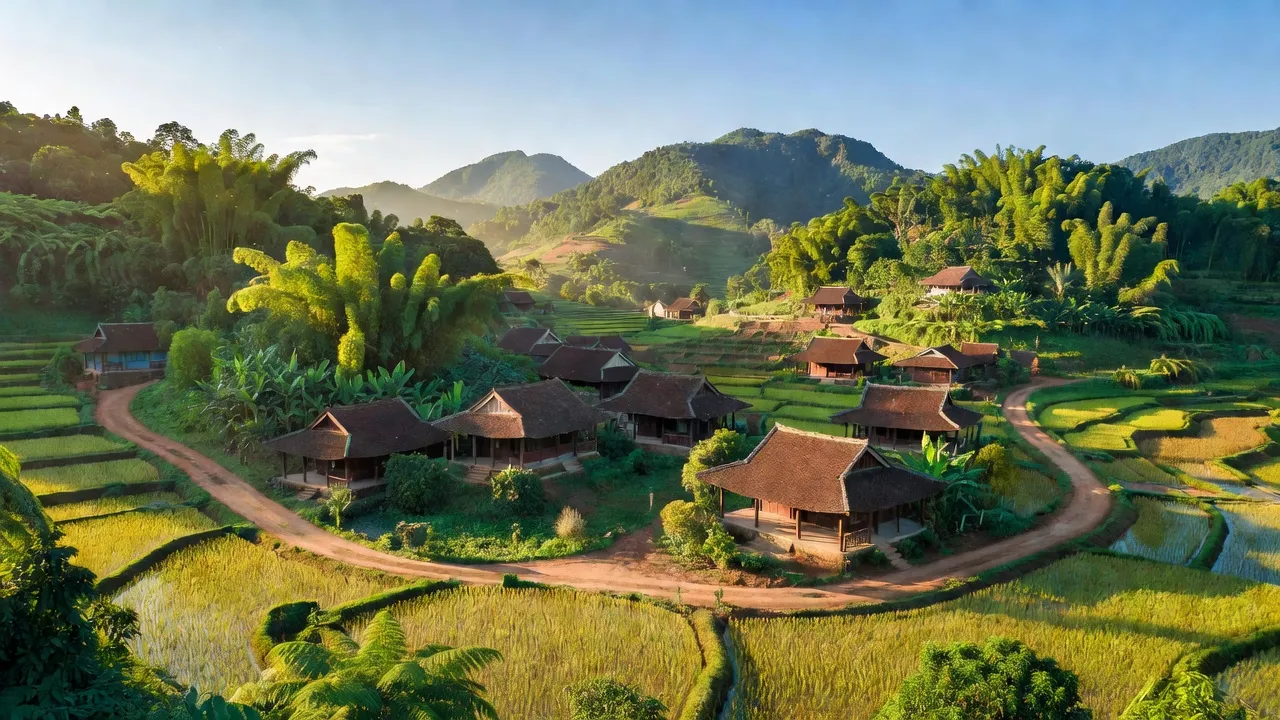 Khung cảnh xã Phúc Đồng, huyện Hương Khê, tỉnh Hà Tĩnh với núi rừng xanh tươi và nhà truyền thống.