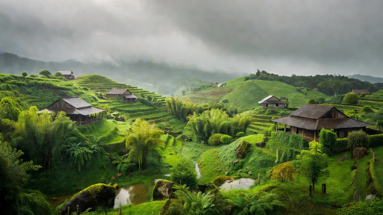 Cảnh đồng quê Xã Phúc Trạch, Huyện Hương Khê, Tỉnh Hà Tĩnh, với đồi xanh và nhà truyền thống.