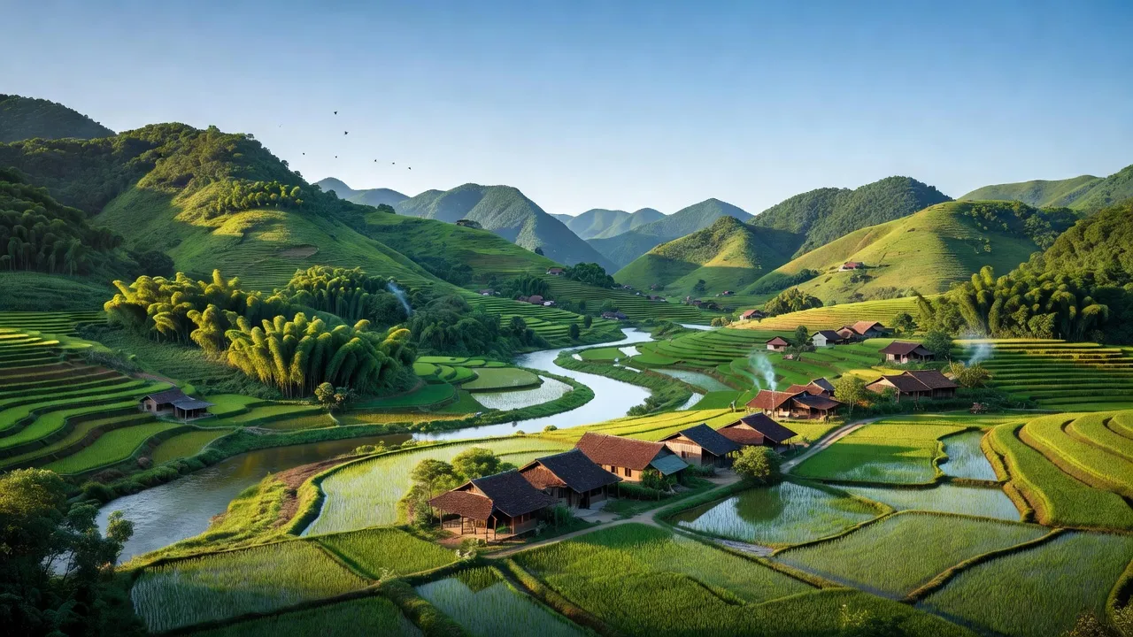 Cảnh quan huyện Hương Sơn, Hà Tĩnh với đồi núi xanh tươi và ruộng bậc thang.