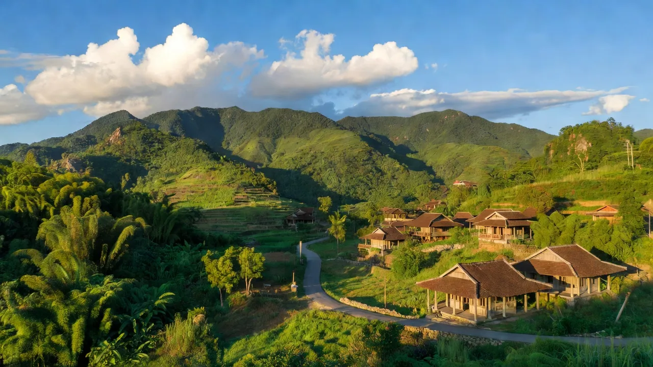 Khung cảnh huyện Hương Sơn, xã Châu Bình, với núi xanh, đường uốn khúc và nhà truyền thống.