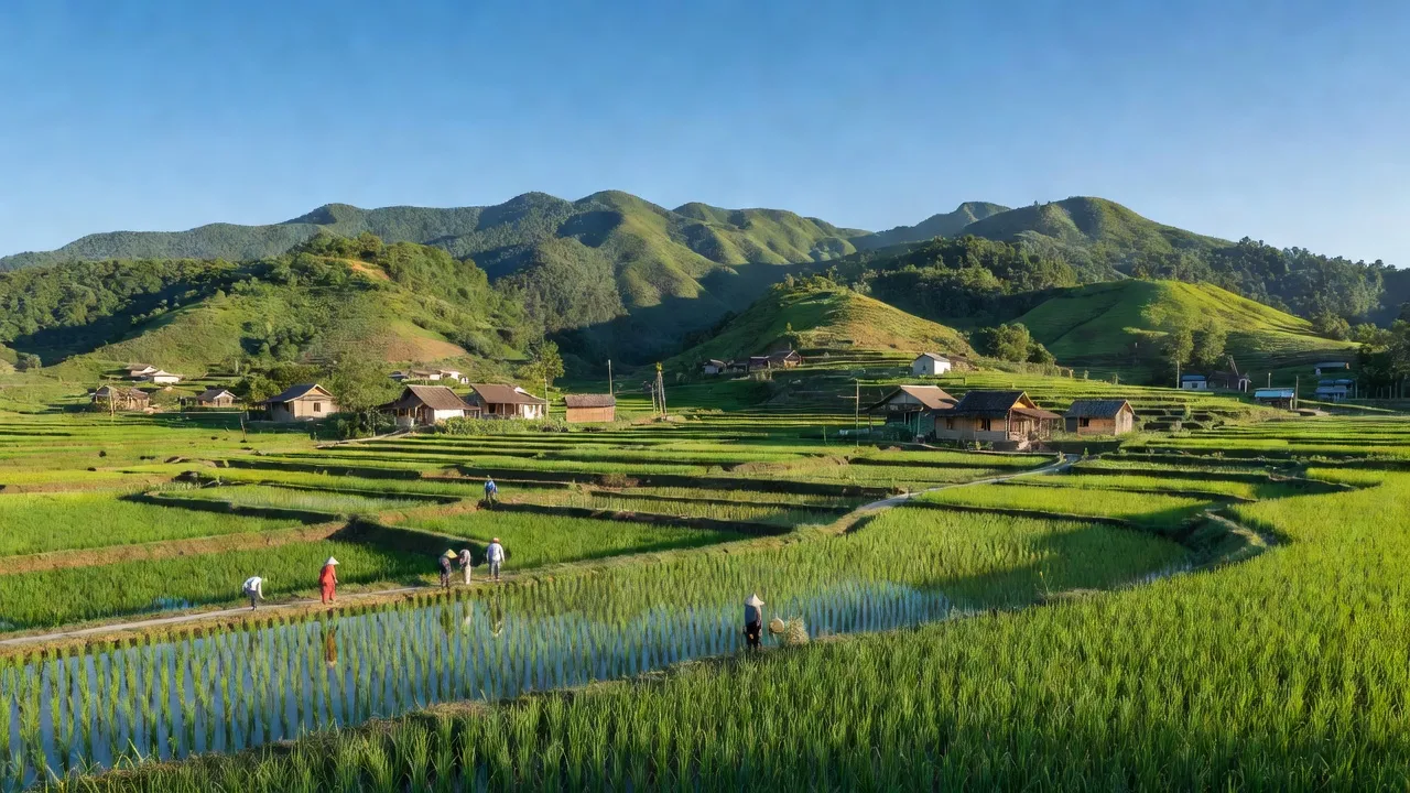 Cảnh quan xã Hàm Trường, huyện Hương Sơn, Hà Tĩnh với cánh đồng xanh và nhà truyền thống.