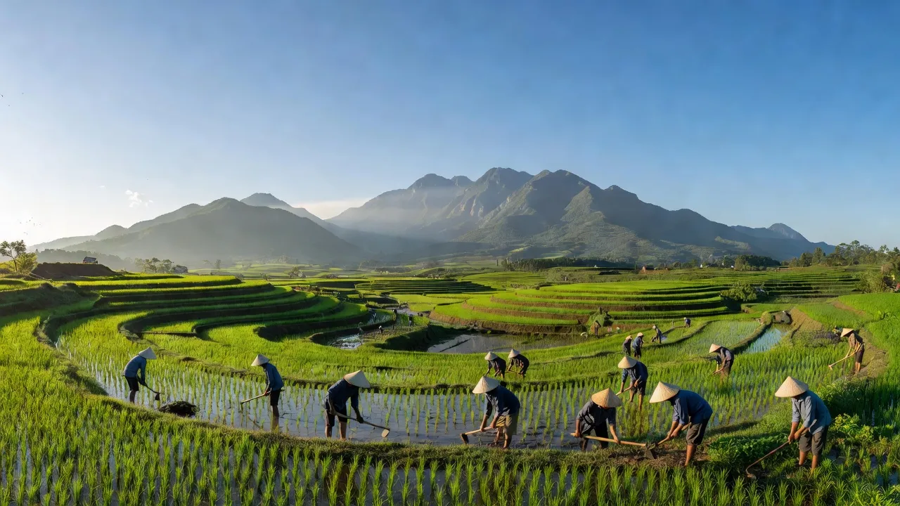 Cảnh quan xã Hàm Trường, huyện Hương Sơn, tỉnh Hà Tĩnh với cánh đồng và núi non xanh tươi.