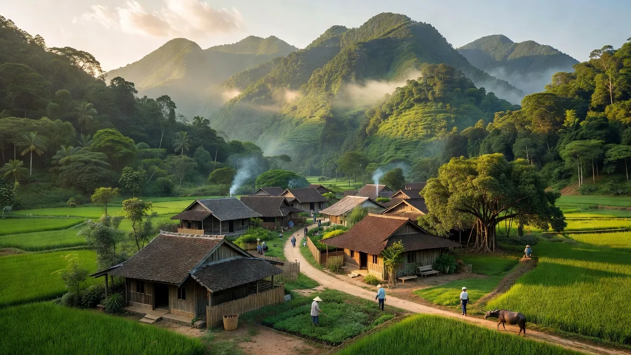 Toàn cảnh xã Kim Hoa, huyện Hương Sơn, tỉnh Hà Tĩnh với núi non và nhà nông thôn.