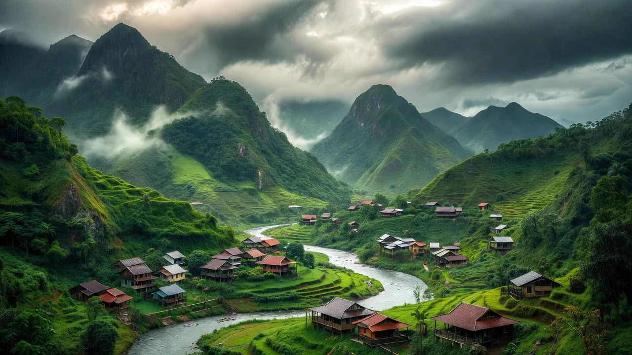 Cảnh sắc Xã Mỹ Long, Huyện Hương Sơn, Tỉnh Hà Tĩnh với núi rừng và bầu trời nhiều mây.