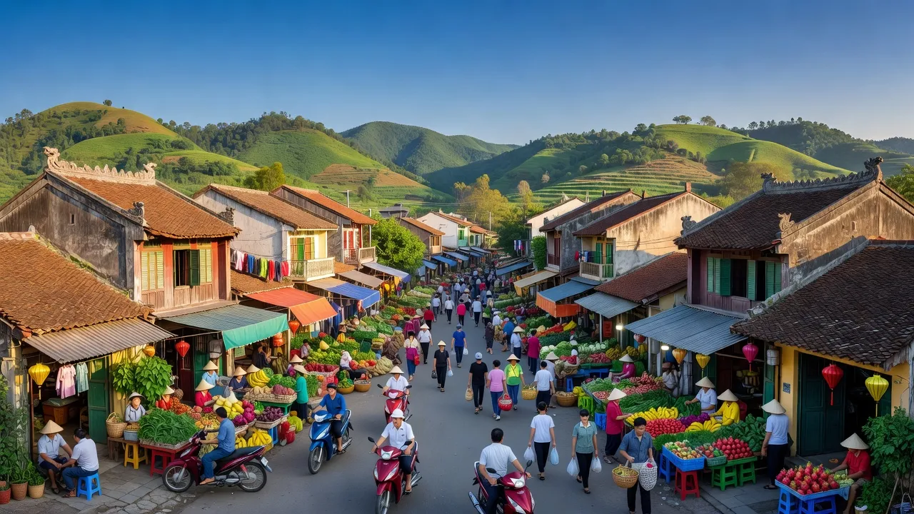 Khung cảnh thị trấn Phố Châu, huyện Hương Sơn, tỉnh Hà Tĩnh với kiến trúc địa phương và cảnh quan xanh tươi.