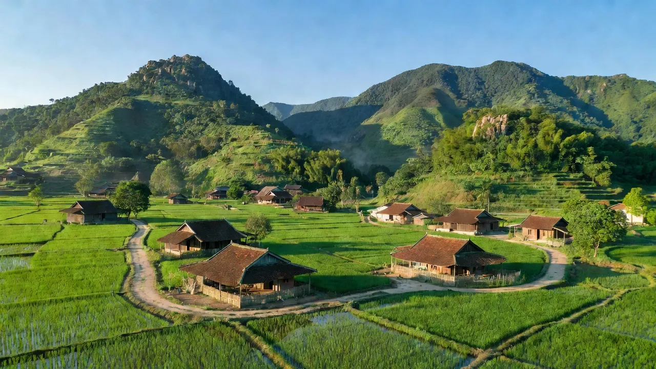 Cảnh đẹp Sơn Bằng, huyện Hương Sơn, Hà Tĩnh với núi non, ruộng bậc thang và nhà truyền thống.