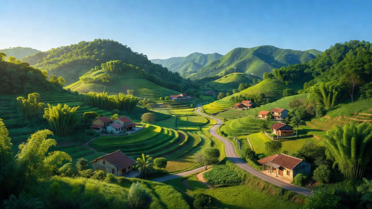 Cảnh sắc xã Sơn Giang, huyện Hương Sơn, với đồi núi và thung lũng xanh tươi, Hà Tĩnh.