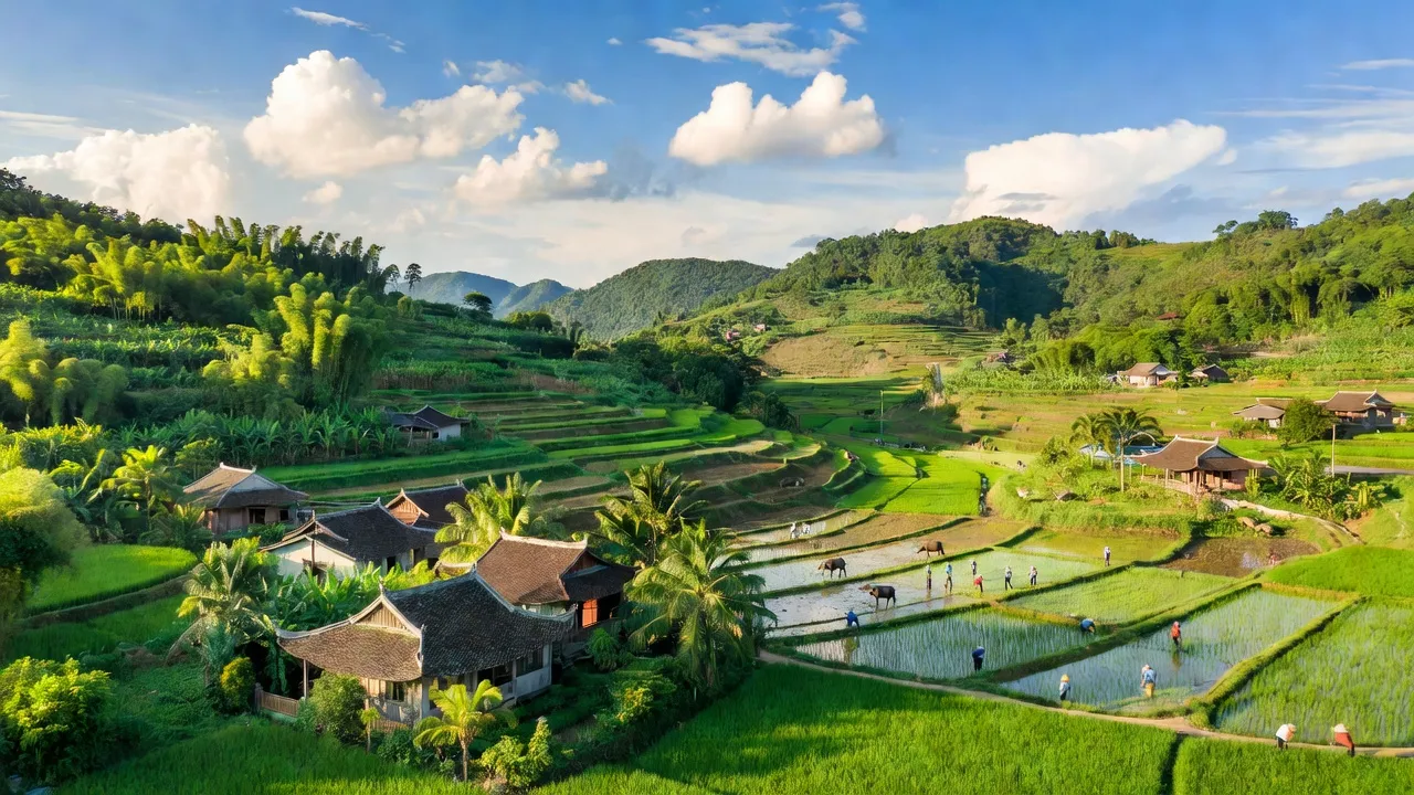Khung cảnh xã Sơn Giang ở Hương Sơn, Hà Tĩnh với đồi núi xanh và nhà truyền thống.