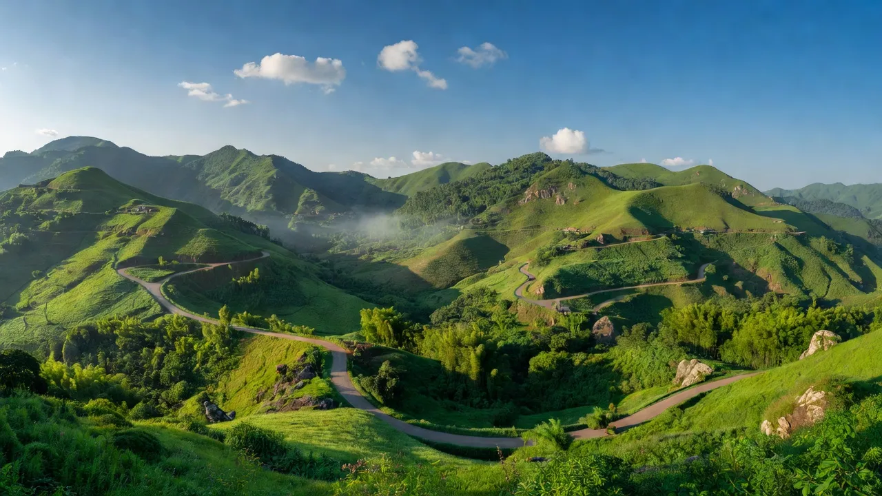 Khung cảnh Sơn Kim 2, huyện Hương Sơn, Hà Tĩnh với đồi núi xanh tươi, đường uốn khúc.