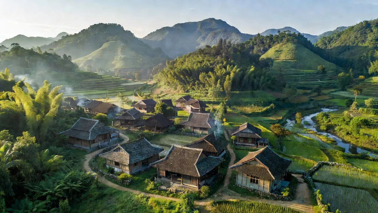 Khung cảnh xã Sơn Kim 2, huyện Hương Sơn, tỉnh Hà Tĩnh với đồi núi xanh tươi, kiến trúc truyền thống.