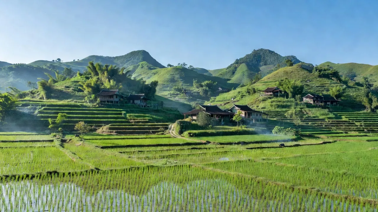 Khung cảnh yên bình của xã Sơn Lâm, huyện Hương Sơn, Hà Tĩnh với đồi núi xanh tươi.