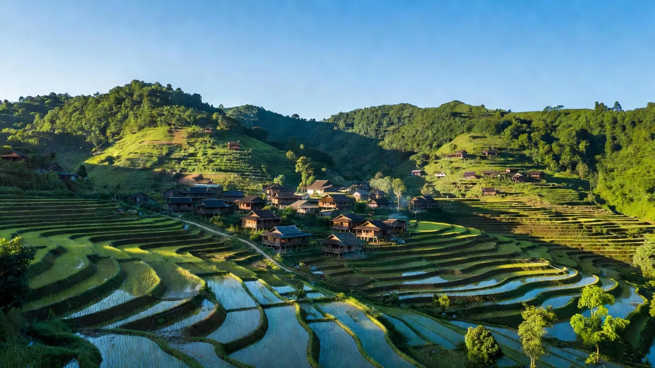 Toàn cảnh xã Sơn Lâm, huyện Hương Sơn, tỉnh Hà Tĩnh với đồng xanh và nhà gỗ truyền thống.