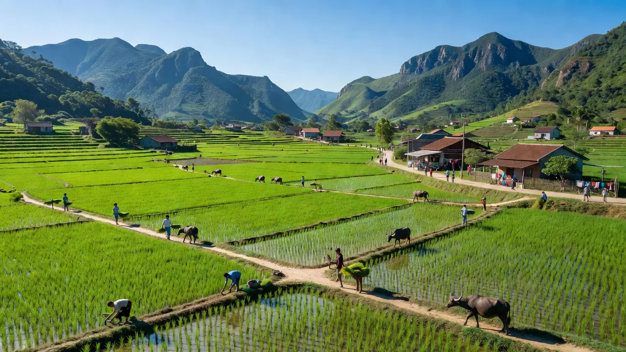 Khung cảnh xã Sơn Lễ, huyện Hương Sơn, Hà Tĩnh với đồng xanh, núi và hoạt động nông thôn.