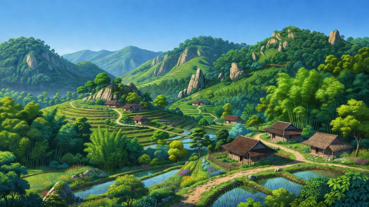 Khung cảnh xã Sơn Lĩnh, huyện Hương Sơn, tỉnh Hà Tĩnh với đồi núi xanh và bản làng truyền thống.