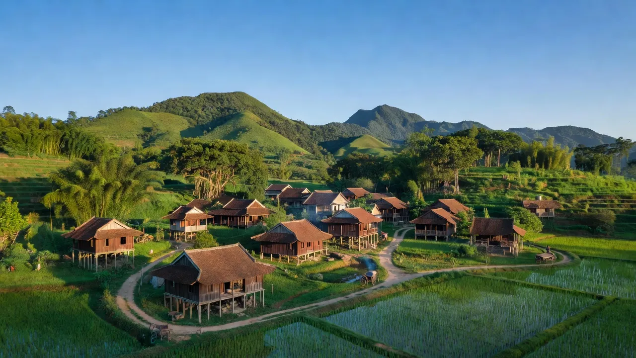 Khung cảnh xanh tươi của xã Sơn Ninh, huyện Hương Sơn, tỉnh Hà Tĩnh, nổi bật nhà truyền thống và núi non.
