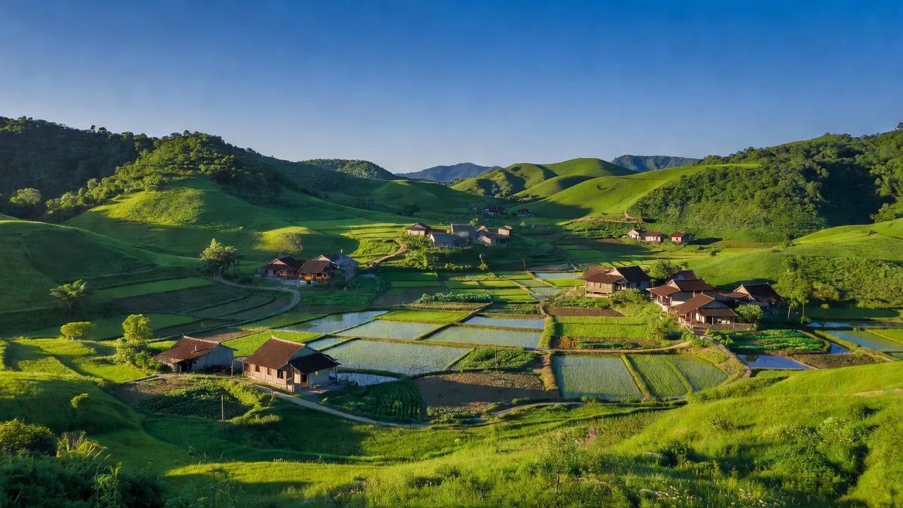 Khung cảnh Sơn Phú, huyện Hương Sơn, tỉnh Hà Tĩnh với đồi núi xanh tươi và nhà truyền thống.
