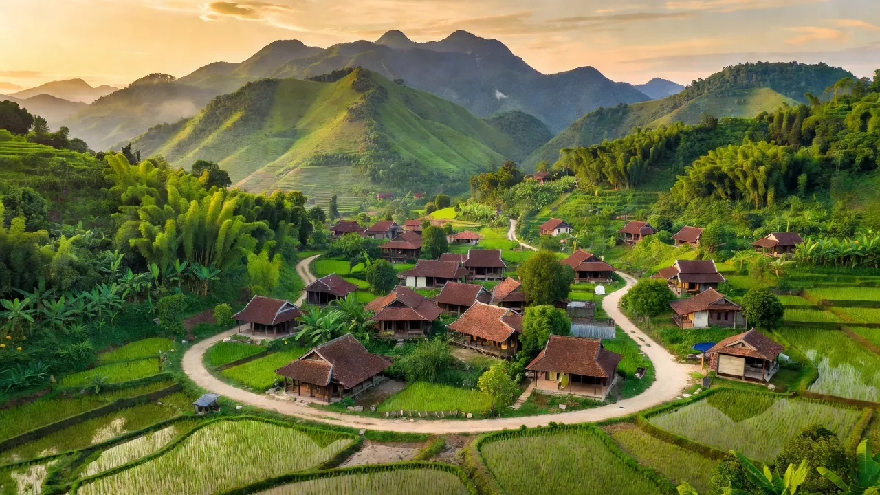 Cảnh thiên nhiên xã Sơn Tây, huyện Hương Sơn, tỉnh Hà Tĩnh với núi non và nhà truyền thống.