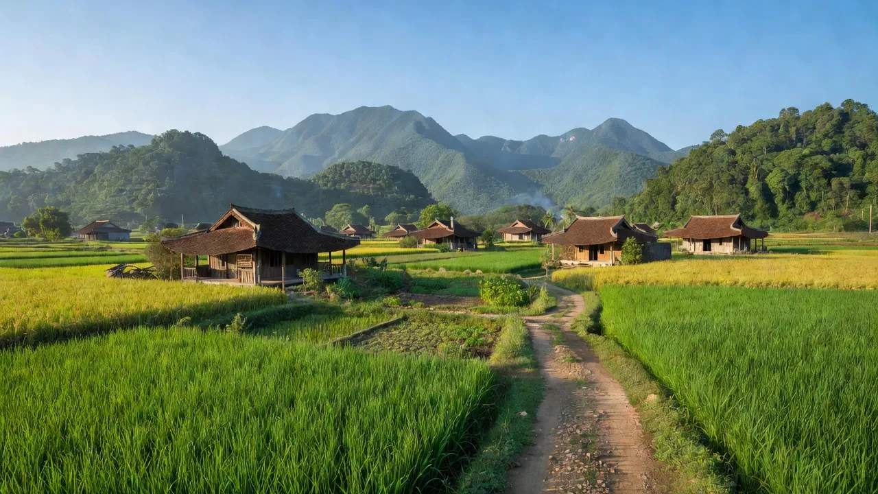 Cảnh đẹp Sơn Trung, Huyện Hương Sơn, tỉnh Hà Tĩnh với núi non và cánh đồng xanh.