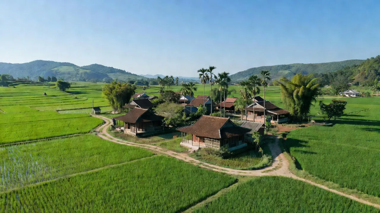 Tân Mỹ Hà, Hương Sơn, Hà Tĩnh, with green fields and traditional houses under a clear sky.