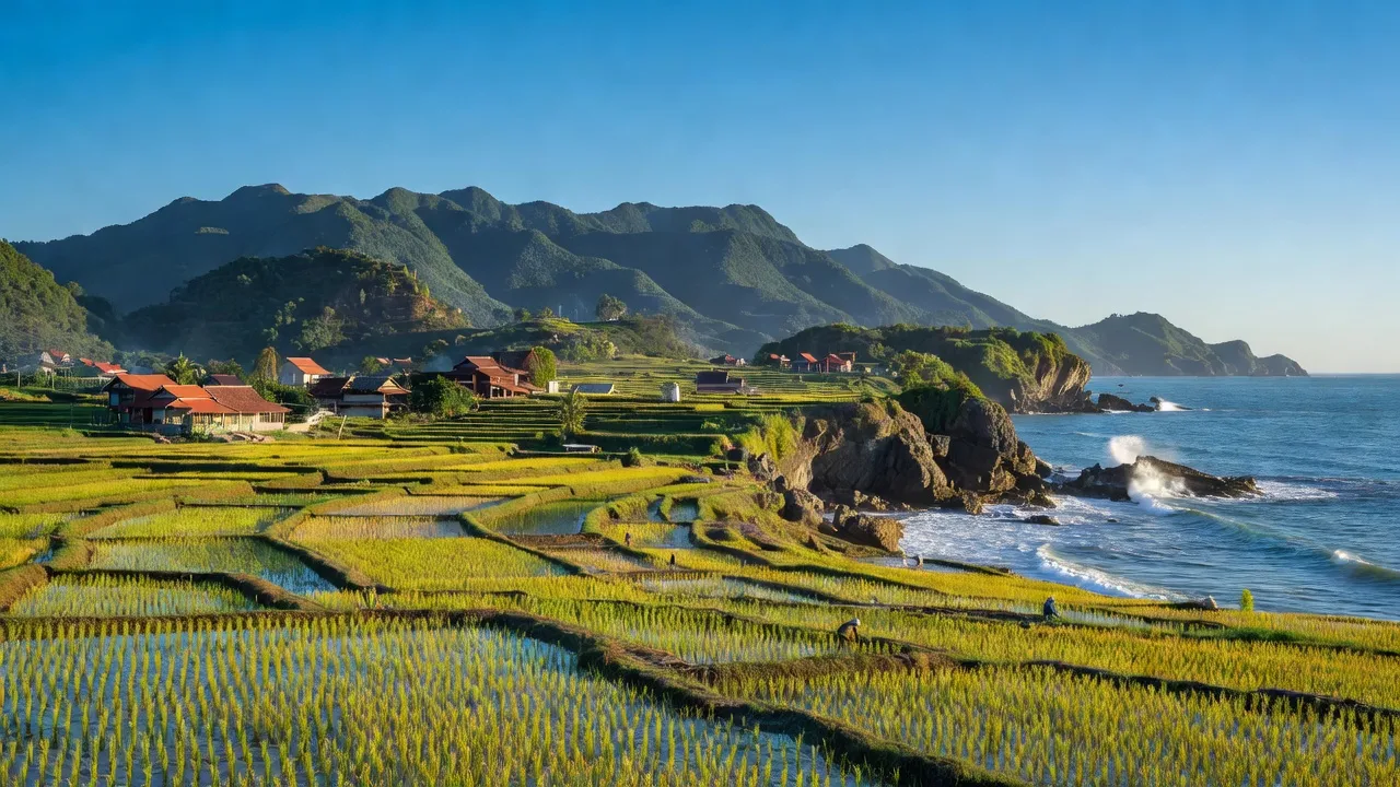 Huyện Kỳ Anh, Hà Tĩnh với cảnh biển, núi non và đồng ruộng xanh tươi, nét đẹp địa phương.