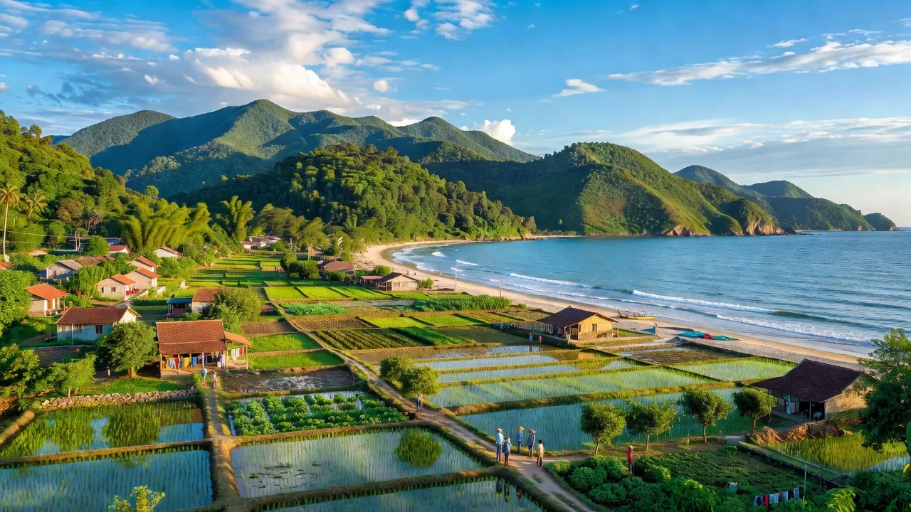 Khung cảnh huyện Kỳ Anh, Hà Tĩnh với bờ biển xanh, đồng ruộng và núi đồi hùng vĩ.