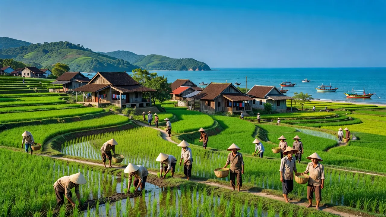 Cảnh đẹp làng Kỳ Bắc, huyện Kỳ Anh, tỉnh Hà Tĩnh với cánh đồng xanh và nhà truyền thống.