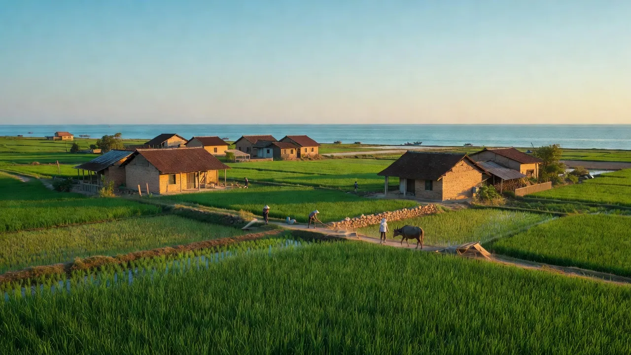 Khung cảnh làng ven biển Kỳ Bắc, huyện Kỳ Anh, tỉnh Hà Tĩnh với đồng xanh và nhà truyền thống.