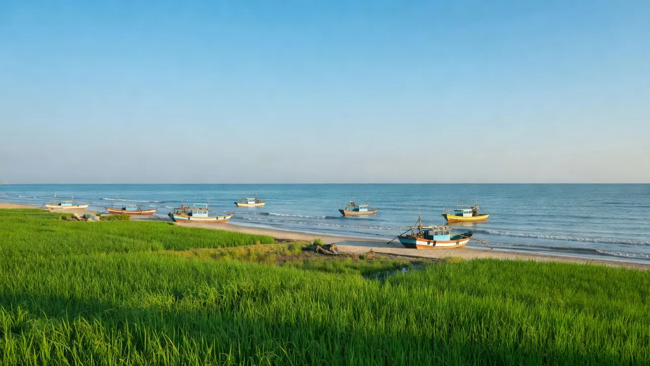 Cảnh quan biển Xã Kỳ Châu, Huyện Kỳ Anh, tỉnh Hà Tĩnh với đồng cỏ xanh và bầu trời trong xanh.